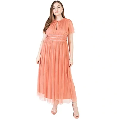 Abbildung von Anaya with Love Damen Ladies Midaxi Dress for Women High Waist Keyhole Short Flutter Sleeve Crew Neckline Wedding Guest Bridesmaids Prom Kleid, Coral Pink,