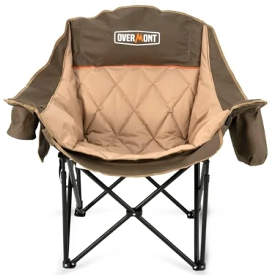 Abbildung von OVERMONT Übergroßer Klappbar Campingstuhl Campingsofa bis 204KG Belastbar Faltbar Campingsessel Gepolstert mit Getränkehalter Kühltasche hoher Rückenlehne für Outdoor Indoor Camping Garten Khaki
