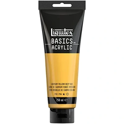 Abbildung von Liquitex 88700217 Basics Acrylfarbe, monopigmentierte Künstlerpigmente, lichtecht, mittlere Viskosität, Archivqualität, seidenglänzender Finish, 250ml Tube Kadmiumgelb Dunkel Farbton