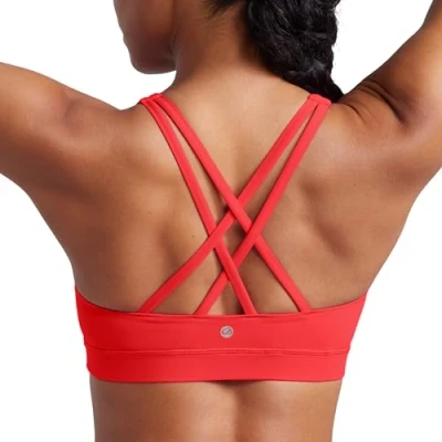 Abbildung von CRZ Yoga Damen Ohne Bügel Sport BH Gekreuzt Rücken Spaghetti Top Abnehmbare Pads Croptop Tiefrot S