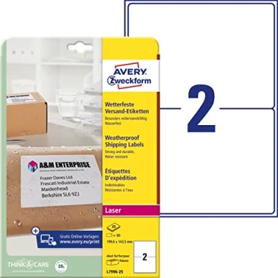 Abbildung von AVERY Zweckform L7996 25 wetterfeste Versandetiketten/ Versandaufkleber (50 Etiketten, 199,6 x 143,5mm auf DIN A4, bedruckbar, selbstklebend, für Pakete, Päckchen und Versandrollen) Blatt, weiß