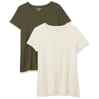 Abbildung von Amazon Essentials Damen Kurzärmeliges T Shirt mit Rundhalsausschnitt, Klassischer Schnitt, 2er Pack, Haferbeige Meliert/Olivgrün, L