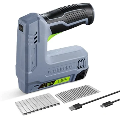 Abbildung von WORKPRO Kabelloser Hefter, 3,6 V, 2000 mAh, mit Heftklammern, 2 in 1 Multifunktions kompatibel Nägeln und Heftklammern Typ 53, 8 für DIY Projekte Möbeln, Tischlerei (Grau)