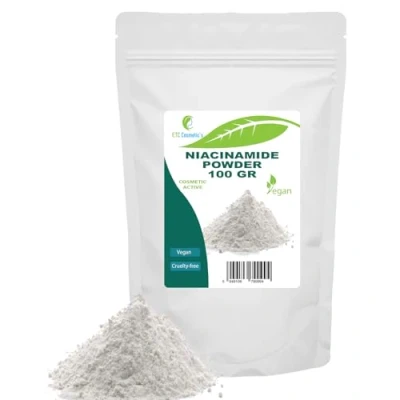 Abbildung von Niacinamid Pulver 100 g (Vitamin B3, Nicotinamid, Vitamin PP) geeignet für ein breites Spektrum kosmetischer Anwendungen in der Haut und Haarpflege