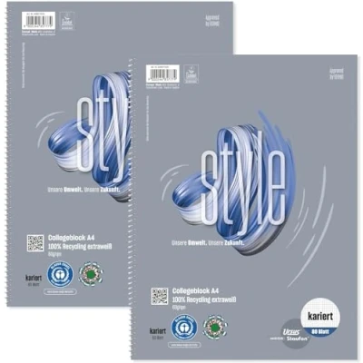 Abbildung von Staufen Ursus Style Collegeblock, DIN A4, 5 mm kariert, 2 Blöcke je 80 Blatt, 4 fach Lochung, 60 g/m² Recyclingpapier, Green