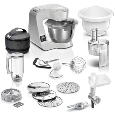 Abbildung von Bosch Küchenmaschine Serie 4 MUM5XL72, integrierte Waage, 2x Schüssel 3,9L, Mixer 1,25L, Rührset, Durchlaufschnitzler, Planetarisches Rührgetriebe, Fleischwolf, Würfelschneider, 1000 W, Grau/Silber