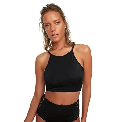 Abbildung von TRENDYOL Damen Halfter kragen Zurück Detaillierter Bikini top Top, Schwarz, 36 EU