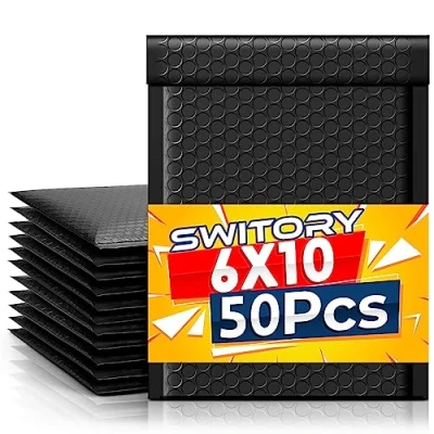 Abbildung von Switory 50 Stück Versandtaschen A5 Polsterumschläge 15,3 cm x 26,9 Poly Bubble Mailer Gepolsterte Umschläge Lined Selbstversiegelnde für Verpackung Blau