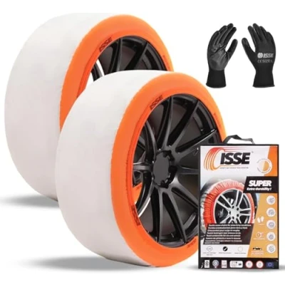 Abbildung von Schneeketten ISSE Super T 66 Homologierte EN 16662 1 Textil für Autos Universelle Ketten den täglichen Einsatz bei Schnee und Eis Kit mit 2 + Handschuhe