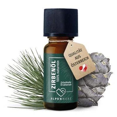 Abbildung von ALPEN HERZ Zirbenöl 10 ml 100% naturrein, ätherisches Zirbelkieferöl aus Österreich für Duftöl Raumduft Duftlampe Zirbenwürfel Diffuser Zirbe Lufterfrischer Zirbelkiefer Öl Geschenke
