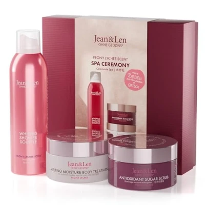 Abbildung von Jean &amp; Len Spa Ceremony Giftbox Peony Lychee, hochwertige Geschenkbox mit 3 hochwertigen Produkten, Produkte für Körper und Geist, Verpackung ist FSC zertifiziert, veganes Geschenkset