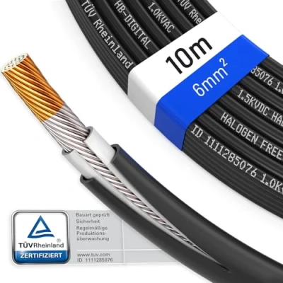 Abbildung von HB DIGITAL 10m Solarkabel H1Z2Z2 K TÜV Rheinland geprüft 6mm2 UV beständig flexibel PV Kabel Reines Kupfer 1500V Verlängerungskabel Photovoltaik für Solarpanel Laderegler schwarz