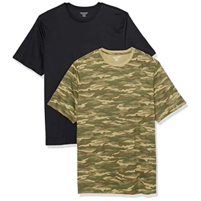 Abbildung von Amazon Essentials Herren Kurzärmliges T Shirt mit Rundhalsausschnitt in normaler Passform, 2er Pack, Military Muster/Schwarz, M
