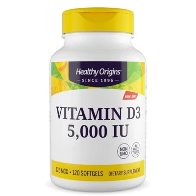 Abbildung von Healthy Origins, Depot Vitamin D3 125mcg (5000 IU), 1 Kapsel alle 5 Tage, 120 Weichkapseln, hochdosiert, Laborgeprüft, Sojafrei, Glutenfrei, ohne Gentechnik