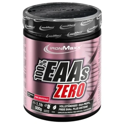 Abbildung von IronMaxx 100% EAAs Zero Pink Grapefruit 500g Dose EAA Pulver, vegan und zuckerfrei mit allen 8 essentiellen Aminosäuren fruchtiger Geschmack, frei von Konservierungsstoffen