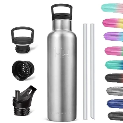 Abbildung von HoneyHolly Trinkflasche 1L, BPA Frei, Edelstahl, Thermosflasche, Auslaufsichere Isolierflasche Doppelwandig, Wasserflasche, Thermoskanne, mit Strohhalm, Kohlensäure Geeignet
