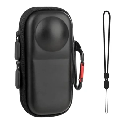 Abbildung von GlasFlength Tasche für Insta360 X4 Kamera, PU Hartschalen Tragetasche Kleine Reisetasche Wasserabweisend Tragbare Aufbewahrungstasche Objektiv Schutzhülle mit Handgelenkriemen Karabiner (Schwarz)