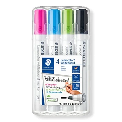 Abbildung von STAEDTLER Whiteboard Marker Lumocolor, trocken und rückstandsfrei abwischbar von Whiteboards, Rundspitze, ca. 2 mm Linienbreite, hohe Qualität, Set mit 4 Farben, 351 WP4 1