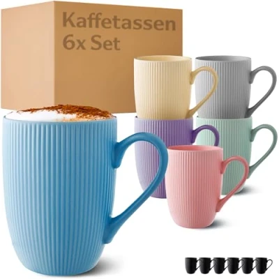Abbildung von Cosumy Kaffeetassen 6er Set Modern Bunt Pastellfarben Einzigartiges Streifenmuster Matt Keramik Mikrowellenfest Spülmaschinenfest &amp; Komfortabler Griff