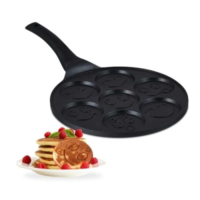 Abbildung von Relaxdays Pancake Pfanne mit Gesichtern, 7 Mulden, Ø je 8 cm, induktionsgeeignet, Aluminium, Pfannkuchenpfanne, schwarz