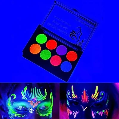 Abbildung von UV Schwarzlicht reaktive Gesichts und Körperbemalung,Glühen unter Schwarzlichtfarbe Wasserbasiertes Pigment,Neonfluoreszierendes 8 Farben Pulver,Geeignet für Schwarzlichtpartys