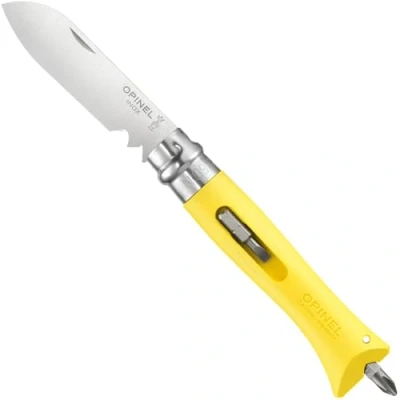 Abbildung von OPINEL No. 09 DIY, modifizierter Sandvik Stahl 12C27, Abisolierer, Fadenschneider, 2 Bits, gelber Polyamid Griff