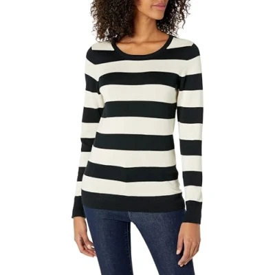 Abbildung von Amazon Essentials Damen Leichter, Langärmeliger Pullover Mit Rundhalsausschnitt (Erhältlich in Übergröße), Schwarz Haferbeige Meliert Rugby Streifen, XL