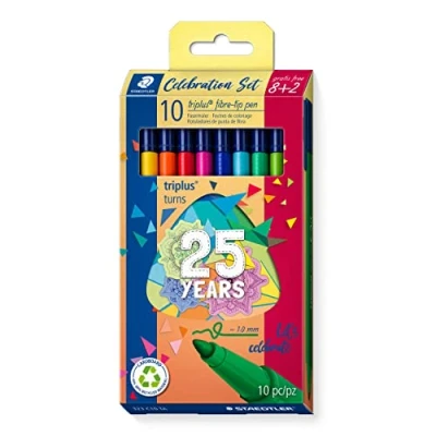 Abbildung von STAEDTLER Fasermaler triplus celebration Set, ergonomischer Dreikantschaft, Linienbreite 1,0 mm, lange Lebensdauer, Jubiläums Promotion: 8 + 2 fibre tip pens in sortierten Farben, 323 C10 TA