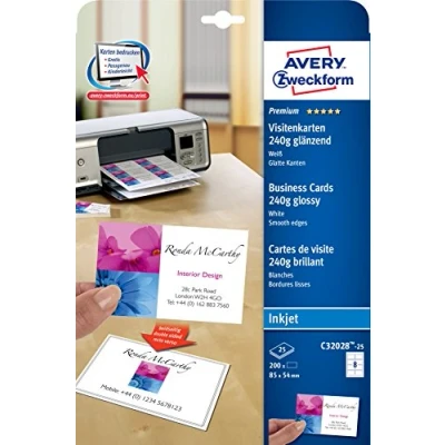 Abbildung von AVERY Zweckform C32028 25 Premium Visitenkarten, blanko (250 Stück, 240g, 85x54 mm, beidseitig bedruckbar, glänzend weiß, absolut glatte Kanten, Blatt) zum Selbstbedrucken auf Inkjet Druckern