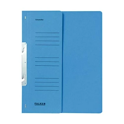 Abbildung von Original Falken 50er Pack Einhakhefter. Made in Germany. Aus Recycling Karton mit halbem Vorderdeckel und kfm. Heftung für DIN A4 blau Hefter Sammelmappe Dokumentenmappe