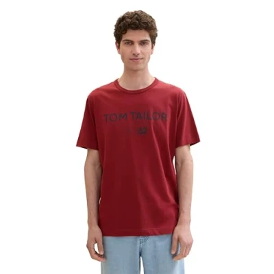 Abbildung von TOM TAILOR Herren Basic T Shirt mit Logo Stickerei,13721 Burgundy Dark red, M