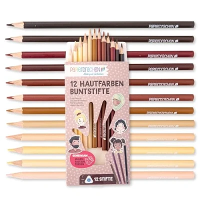 Abbildung von Papierdrachen 12 Buntstifte Hautfarben satte Farben Set Holz sechskant bruchsicher Schule Kindergarten Malen Kinder