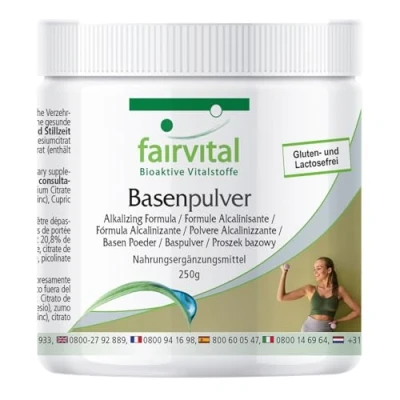 Abbildung von Fairvital Basenpulver 250g reich an Magnesium, Zink, Kalium, Calcium, Chrom, Selen, Eisen Kupfer, Molybdän Vegan Basenfasten