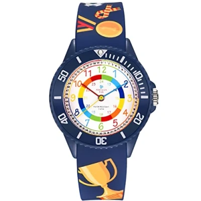 Abbildung von Alienwork Fußball Jungs Lernuhr Kinderuhr Jungen Mädchen Marineblau Silikon Armband Mehrfarbig Kinder Uhr Wasserdicht 5 ATM Zeit Lernen