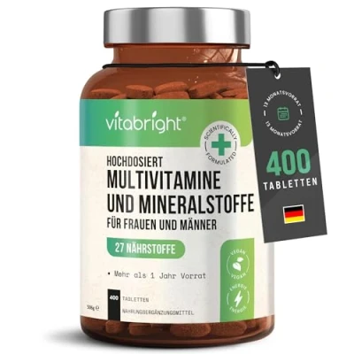 Abbildung von Multivitamin Tabletten Hochdosiert 400, 13 Monate Vitamine, Mineralien &amp; Ergänzungsmittel A Z vitamine und mineralstoffe, Nahrungsergänzungsmittel Frauen/Männer, VitaBright Vegan Komplex