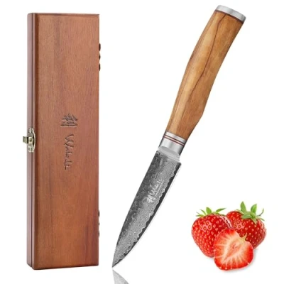 Abbildung von Wakoli Olive HS Damastmesser Officemesser &amp; Spickmesser I 9 cm Klinge gefertigt aus 67 Lagen echtem Damaststahl mit edlem Olivenholzgriff und Hammerschlag Premium Küchenmesser in edler Holzbox