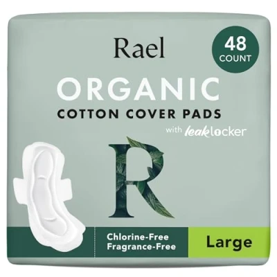 Abbildung von Rael Damenbinden mit Flügeln Bio Baumwoll Abdeckpads geruchsneutral,Auslaufschutz, dünn und super saugfähig Pads für Frauen (groß, 48 Stück)