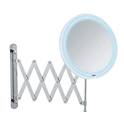 Abbildung von WENKO LED Teleskop Wandspiegel Barona, Kosmetikspiegel mit Beleuchtung, Schminkspiegel ausziehbarem Arm (55 cm), Schwenk und höhenverstellbar, Touchfunktion, USB oder Batterie, Ø 20 cm