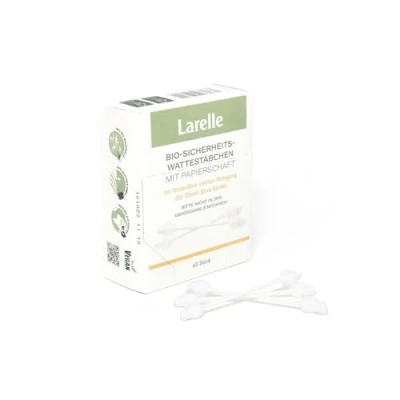 Abbildung von Larelle Bio Sicherheitswattestäbchen, Baby Wattestäbchen, 60 Stück mit Extra Sicherheitszone, Reinigungsstäbchen, Kosmetik, Körperpflege, GOTS Ecocert, sanfte Reingung von Kinderohren, ca. 76 mm