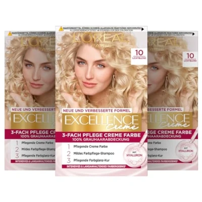 Abbildung von L&#039;Oréal Paris Permanente Haarfarbe, 100% Grauhaarabdeckung, Haarfärbeset mit Coloration, Shampoo und 3 Fach Pflege Creme Farbe, Excellence Creme, 10 Lichtblond, x 268 g