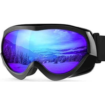 Abbildung von OutdoorMaster Kinder Skibrille Helmkompatible Schneebrille für Jungen &amp; Mädchen mit 100% UV Schutz (schwarzer Rahmen + VLT 15% graue Linse vollem REVO Blau)