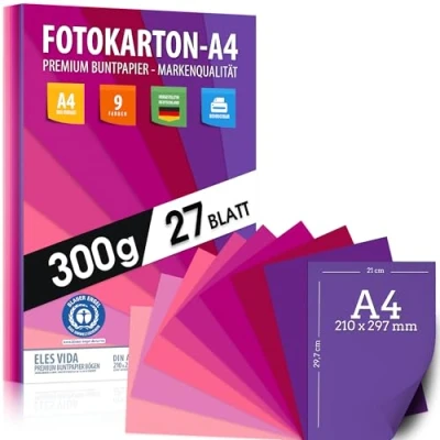 Abbildung von Magenta Farben FOTOKARTON A4 27 Stück Purpur 300g Blätter Bastel Papier Blau, Lila, Pink, Violett, Pappe zum Basteln, Zeichenkarton BLAUER ENGEL zertifiziert MADE IN GERMANY