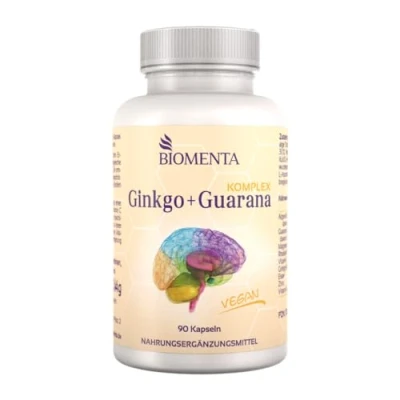 Abbildung von BIOMENTA Ginkgo + Guarana Komplex 90 Gingko Kapseln hochdosiert mit DHA, Koffein, Rhodiola, Magnesium, Eisen, Zink, Vitamin B12 vegan Premiumqualität