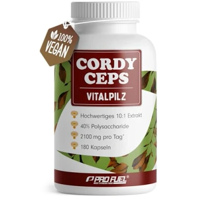Abbildung von Cordyceps Kapseln 180x 2100 mg Vitalpilz Extrakt aus sinensis hochwertiges (10:1) mit 40% bioaktiven Polysacchariden (840 pro Tag) Vorrat für 60 Tage