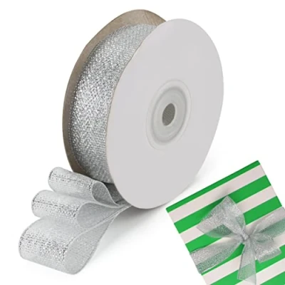 Abbildung von BELLE VOUS Metallisch Silbernes Schleifenband 23 m Langes &amp; 25 mm Breites Organza Band mit Drahtkanten Glitzerndes Geschenk für Weihnachtsbaum Partydeko, Geschenkverpackungen Basteln