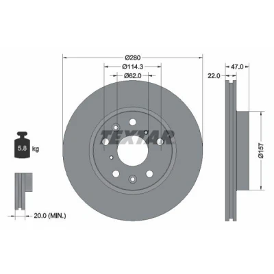 Abbildung von TEXTAR 92156600 Bremsscheibe 280 22 05/09 114,3 innenbelüftet ohne Radbefestigungsbolzen, Radnabe SUZUKI: SX4 I Hatchback, Saloon