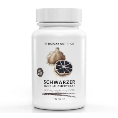 Abbildung von BAFOXX Nutrition® Schwarzer Knoblauch Kapseln hochdosiert 7000 mg pro TD Naturprodukt mit Knoblauchextrakt 10:1 geruchlos, vegan und ohne Zusatzstoffe 180 Stück deutsche Markenqualität