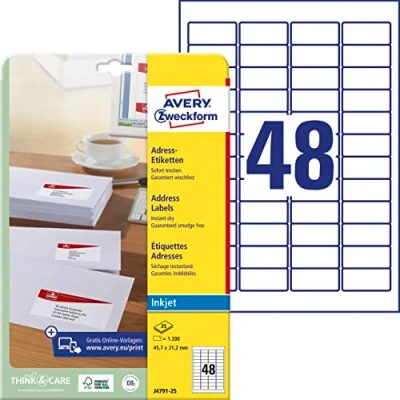 Abbildung von AVERY Zweckform J4791 25 Adressetiketten/Adressaufkleber (1.200 Etiketten, 45,7x21,2mm auf A4, bedruckbar, selbstklebend, für Absenderetiketten, Papier matt, Inkjet Drucker) Blatt, weiß