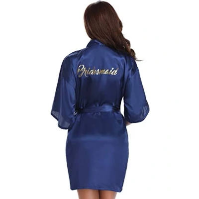 Abbildung von Vlazom Morgenmantel für Hochzeit Satin Kimono Badmantel Braut&amp;Brautjungfern V Ausschnitt Damen Robe mit Gürtel(M,Dunkelblau Brautjungfer