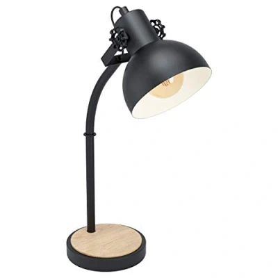 Abbildung von EGLO Tischlampe Lubenham, 1 flammige Vintage Tischleuchte im Industrial Design, Retro Nachttischlampe aus Stahl und Holz, Farbe: Schwarz, braun, Fassung: E27, inkl. Schalter